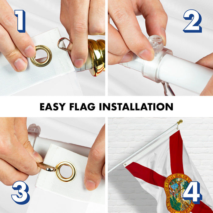 G128 Combo Pack: 6 Feet Tangle Free Spinning Flagpole (White) Florida FL State Flag 3x5 ft Printed 150D Brass Grommets (Flag Included) Aluminum Flag Pole