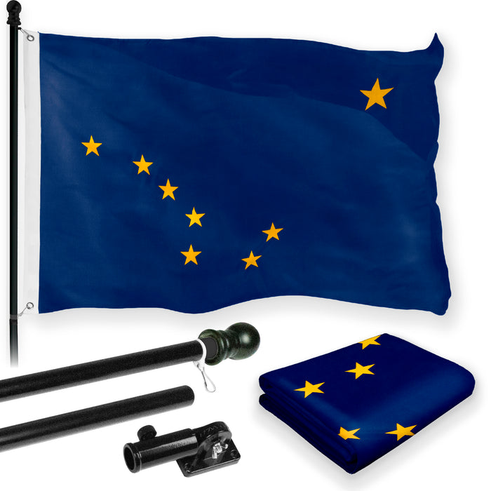 G128 Combo Pack: 6 Feet Tangle Free Spinning Flagpole (Black) Alaska AK State Flag 3x5 ft Printed 150D Brass Grommets (Flag Included) Aluminum Flag Pole