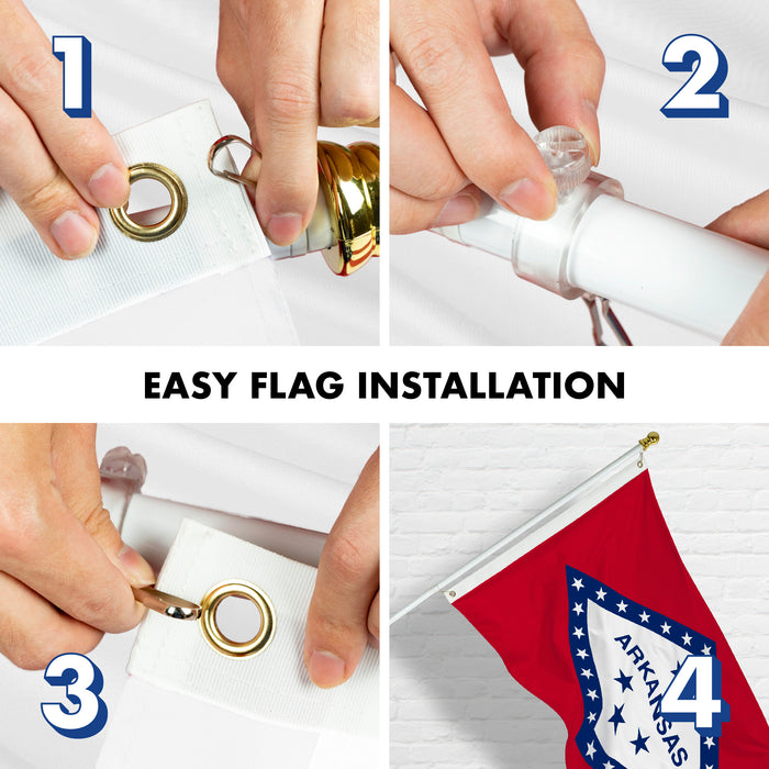 G128 Combo Pack: 6 Feet Tangle Free Spinning Flagpole (White) Arkansas AR State Flag 3x5 ft Printed 150D Brass Grommets (Flag Included) Aluminum Flag Pole
