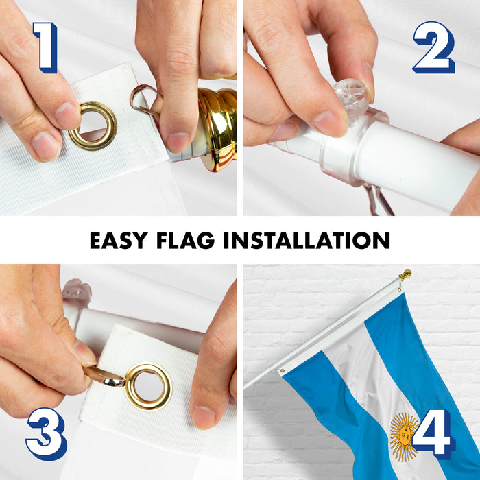 G128 Combo Pack: 6 Feet Tangle Free Spinning Flagpole (White) Argentina Argentinian Flag 3x5 ft Printed 150D Brass Grommets (Flag Included) Aluminum Flag Pole