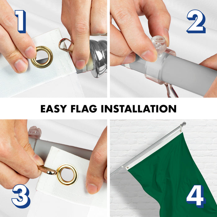 G128 Combo Pack: 6 Feet Tangle Free Spinning Flagpole (Silver) Solid Dark Green Solid Dark Green Flag 3x5 ft Printed 150D Brass Grommets (Flag Included) Aluminum Flag Pole