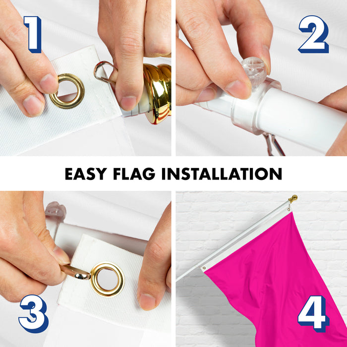 G128 Combo Pack: 6 Feet Tangle Free Spinning Flagpole (White) Solid Magenta Flag 3x5 ft Printed 150D Brass Grommets (Flag Included) Aluminum Flag Pole