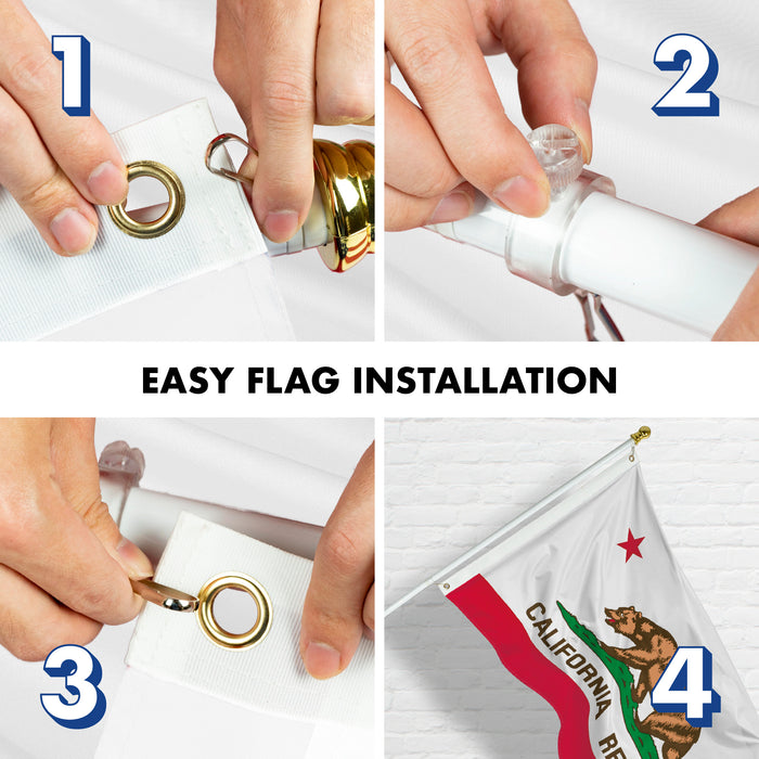 G128 Combo Pack: 6 Feet Tangle Free Spinning Flagpole (White) California CA State Flag 3x5 ft Printed 150D Brass Grommets (Flag Included) Aluminum Flag Pole