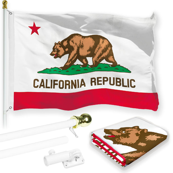 G128 Combo Pack: 6 Feet Tangle Free Spinning Flagpole (White) California CA State Flag 3x5 ft Printed 150D Brass Grommets (Flag Included) Aluminum Flag Pole