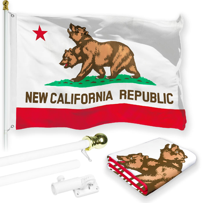 G128 Combo Pack: 6 Feet Tangle Free Spinning Flagpole (White) California Double Headed Bear Flag 3x5 ft Printed 150D Brass Grommets (Flag Included) Aluminum Flag Pole