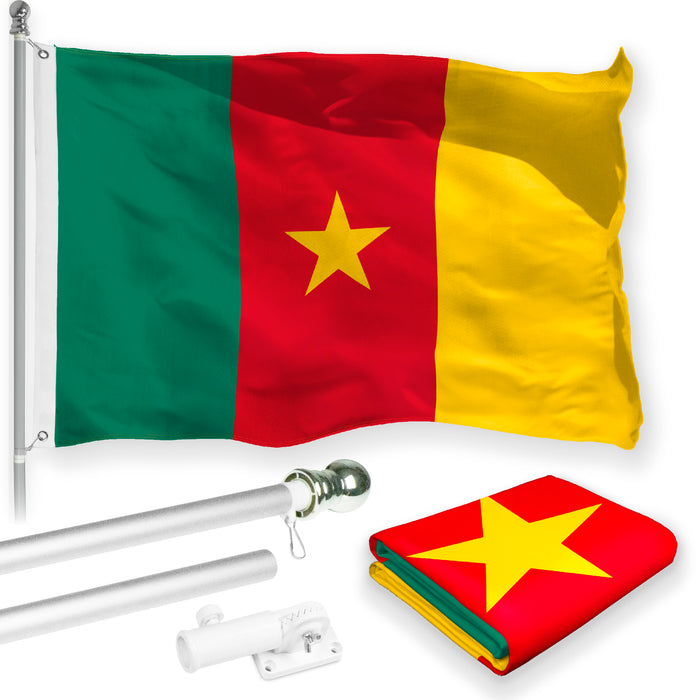 G128 Combo Pack: 6 Feet Tangle Free Spinning Flagpole (Silver) Cameroon Cameroonian Flag 3x5 ft Printed 150D Brass Grommets (Flag Included) Aluminum Flag Pole