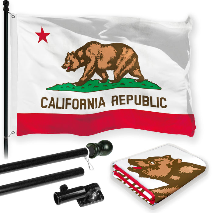 G128 Combo Pack: 6 Feet Tangle Free Spinning Flagpole (Black) California CA State Flag 3x5 ft Printed 150D Brass Grommets (Flag Included) Aluminum Flag Pole