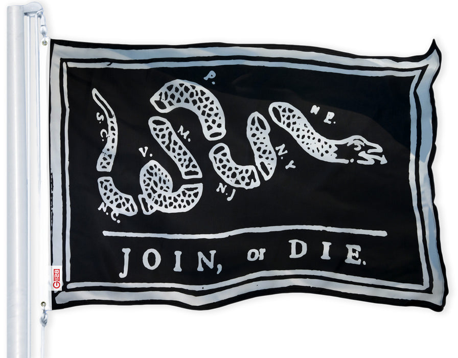 G128 - Join, or Die Flag (Black) 3x5 FT Printed Brass Grommets 150D Polyester Indoor/Outdoor - Much Thicker More Durable Than 100D 75D Polyester