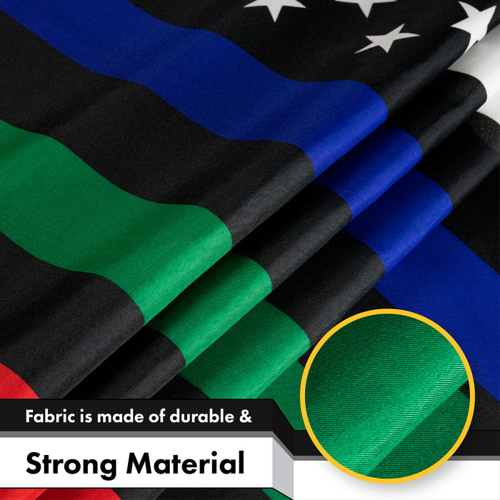G128 - Thin Blue Green & Red Line American Flag 150D Polyester 3x5 FT Printed Flag - Honoring Men Women Police Fire Fighters Military Border Patrol Brass Grommets Indoor/Outdoor - Much Thicker More Durable Than 100D 75D Polyester