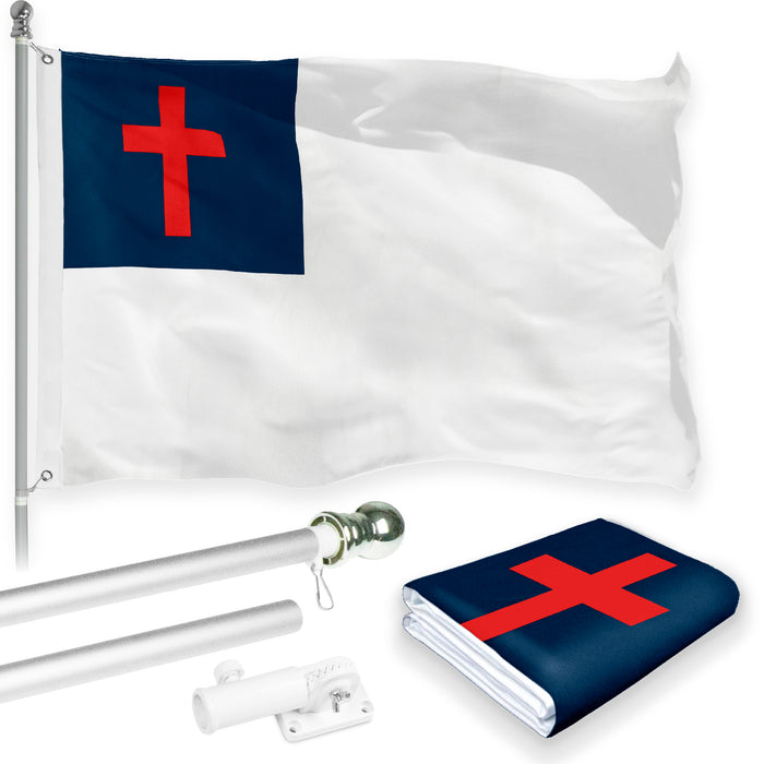 G128 Combo Pack: 6 Feet Tangle Free Spinning Flagpole (Silver) Christian Religious Flag 3x5 ft Printed 150D Brass Grommets (Flag Included) Aluminum Flag Pole
