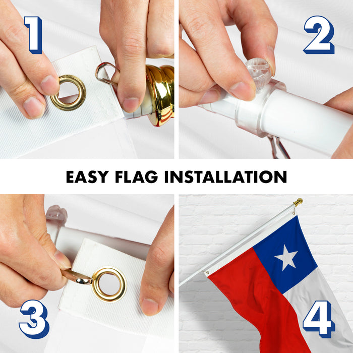 G128 Combo Pack: 6 Feet Tangle Free Spinning Flagpole (White) Chile Chilean Flag 3x5 ft Printed 150D Brass Grommets (Flag Included) Aluminum Flag Pole