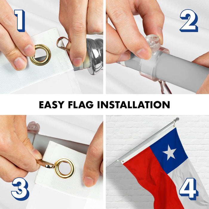 G128 Combo Pack: 6 Feet Tangle Free Spinning Flagpole (Silver) Chile Chilean Flag 3x5 ft Printed 150D Brass Grommets (Flag Included) Aluminum Flag Pole