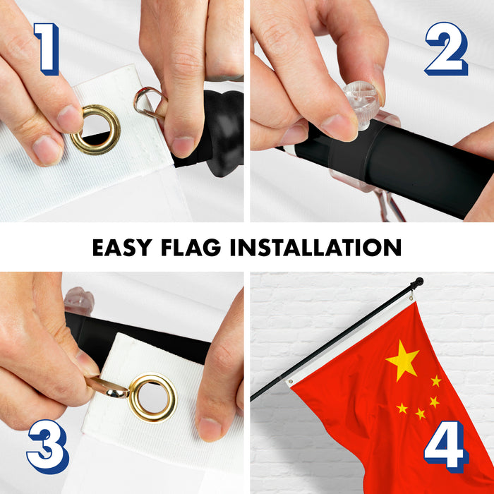 G128 Combo Pack: 6 Feet Tangle Free Spinning Flagpole (Black) China Chinese Flag 3x5 ft Printed 150D Brass Grommets (Flag Included) Aluminum Flag Pole