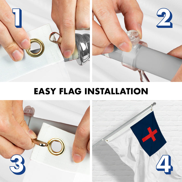 G128 Combo Pack: 5 Ft Tangle Free Aluminum Spinning Flagpole (Silver) & Christian Flag 2x3 Ft, LiteWeave Pro Series Printed 150D Polyester | Pole with Flag Included