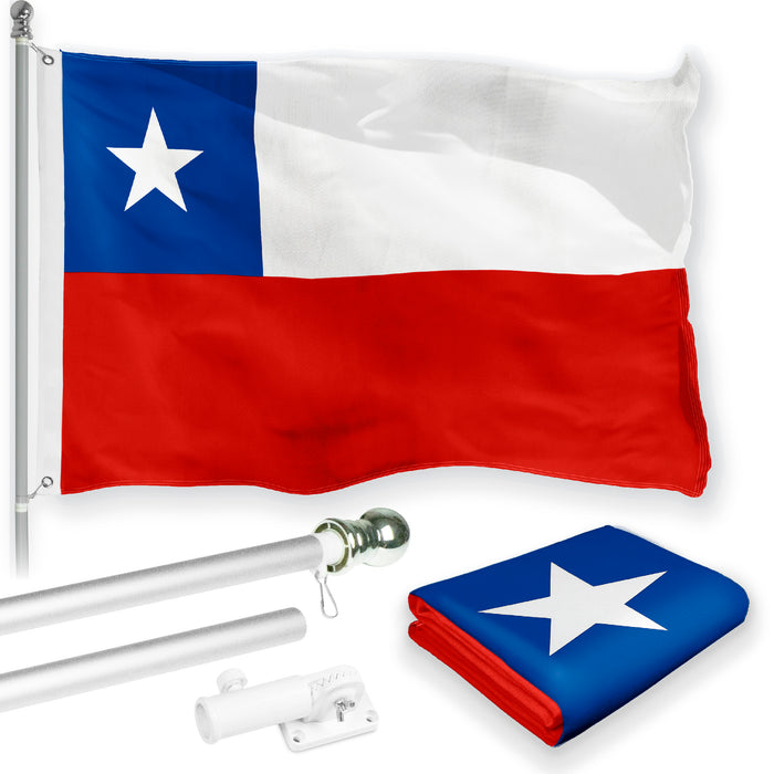 G128 Combo Pack: 6 Feet Tangle Free Spinning Flagpole (Silver) Chile Chilean Flag 3x5 ft Printed 150D Brass Grommets (Flag Included) Aluminum Flag Pole