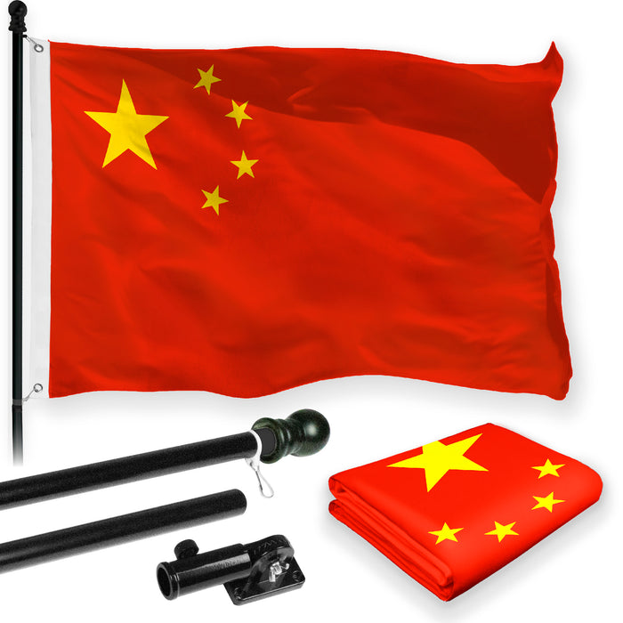 G128 Combo Pack: 6 Feet Tangle Free Spinning Flagpole (Black) China Chinese Flag 3x5 ft Printed 150D Brass Grommets (Flag Included) Aluminum Flag Pole