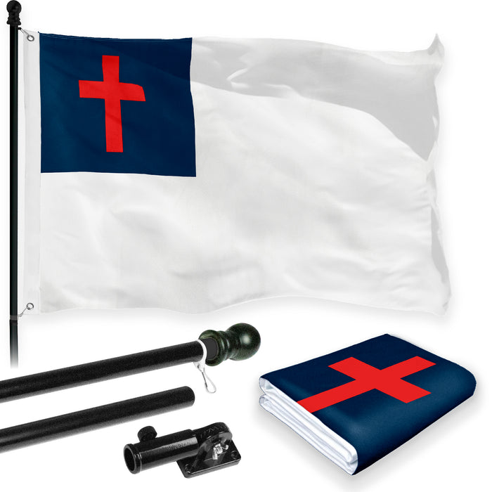 G128 Combo Pack: 5 Ft Tangle Free Aluminum Spinning Flagpole (Black) & Christian Flag 2x3 Ft, LiteWeave Pro Series Printed 150D Polyester | Pole with Flag Included