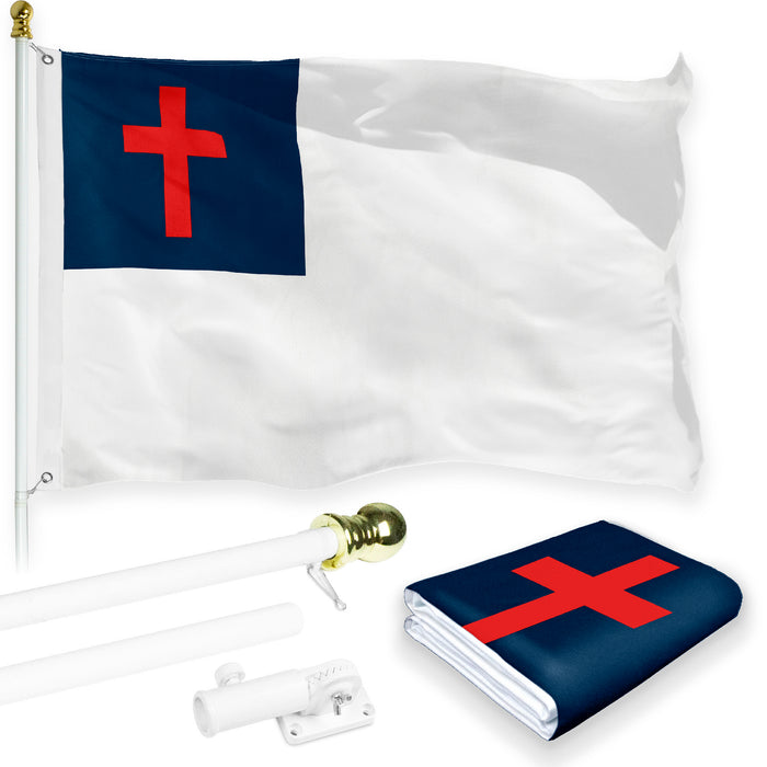 G128 Combo Pack: 5 Ft Tangle Free Aluminum Spinning Flagpole (White) & Christian Flag 2x3 Ft, LiteWeave Pro Series Printed 150D Polyester | Pole with Flag Included