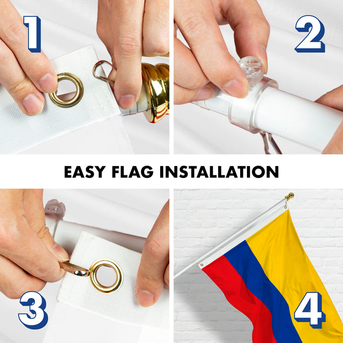 G128 Combo Pack: 6 Feet Tangle Free Spinning Flagpole (White) Colombia Colombian Flag 3x5 ft Printed 150D Brass Grommets (Flag Included) Aluminum Flag Pole