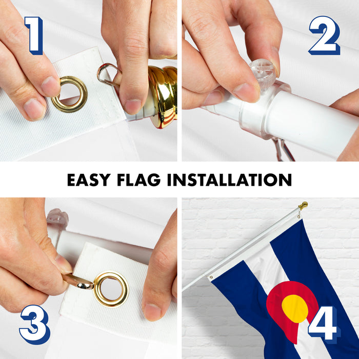 G128 Combo Pack: 6 Feet Tangle Free Spinning Flagpole (White) Colorado CO State Flag 3x5 ft Printed 150D Brass Grommets (Flag Included) Aluminum Flag Pole