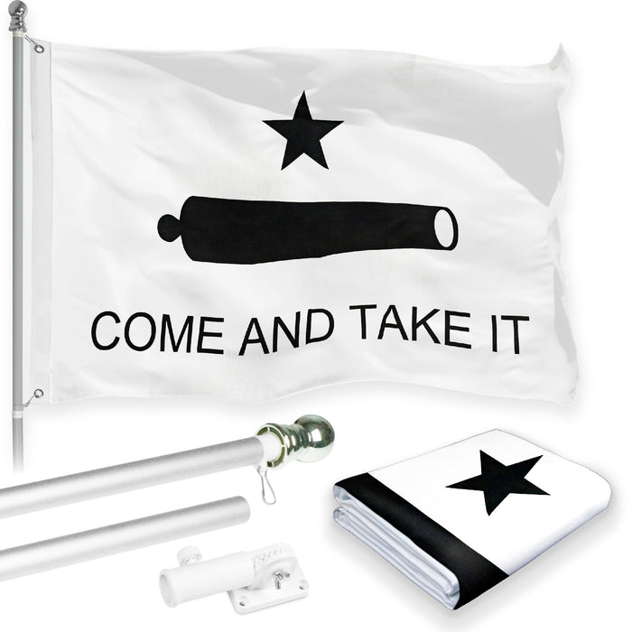 G128 Combo Pack: 6 Feet Tangle Free Spinning Flagpole (Silver) Come and Take It Flag 3x5 ft Printed 150D Brass Grommets (Flag Included) Aluminum Flag Pole