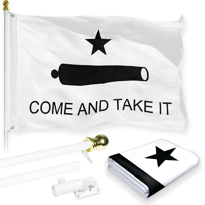 G128 Combo Pack: 6 Feet Tangle Free Spinning Flagpole (White) Come and Take It Flag 3x5 ft Printed 150D Brass Grommets (Flag Included) Aluminum Flag Pole