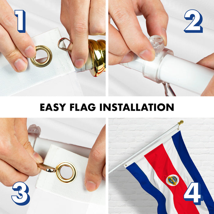 G128 Combo Pack: 6 Feet Tangle Free Spinning Flagpole (White) Costa Rica Costa Rican Flag 3x5 ft Printed 150D Brass Grommets (Flag Included) Aluminum Flag Pole