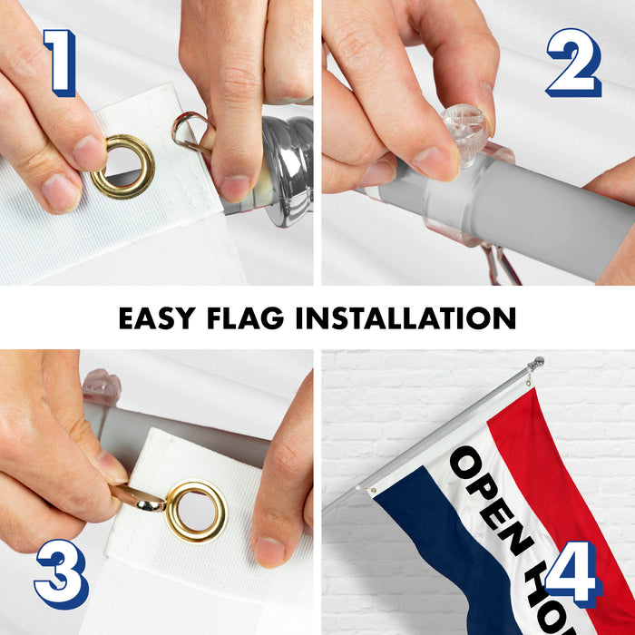 G128 Combo Pack: 6 Feet Tangle Free Spinning Flagpole (Silver) Open House Flag 3x5 ft Printed 150D Brass Grommets (Flag Included) Aluminum Flag Pole
