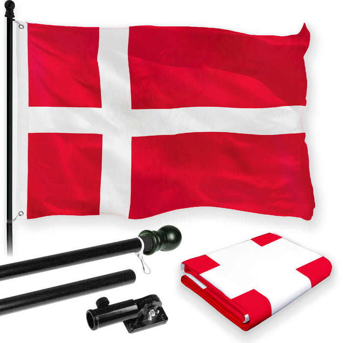 G128 Combo Pack: 6 Feet Tangle Free Spinning Flagpole (Black) Denmark Danish Flag 3x5 ft Printed 150D Brass Grommets (Flag Included) Aluminum Flag Pole