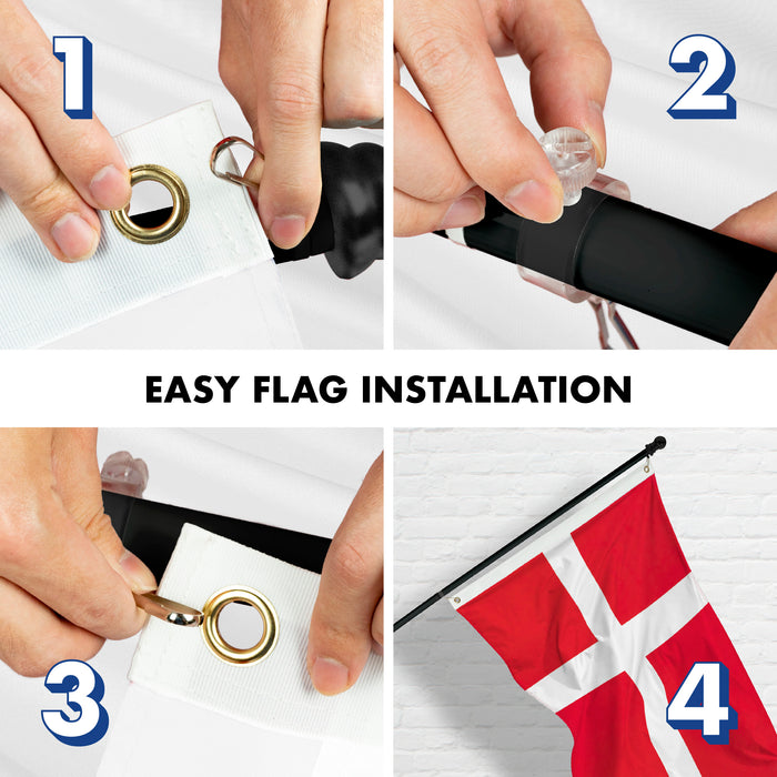 G128 Combo Pack: 6 Feet Tangle Free Spinning Flagpole (Black) Denmark Danish Flag 3x5 ft Printed 150D Brass Grommets (Flag Included) Aluminum Flag Pole