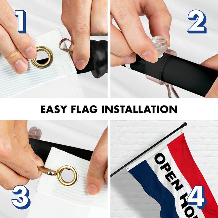 G128 Combo Pack: 6 Feet Tangle Free Spinning Flagpole (Black) Open House Flag 3x5 ft Printed 150D Brass Grommets (Flag Included) Aluminum Flag Pole