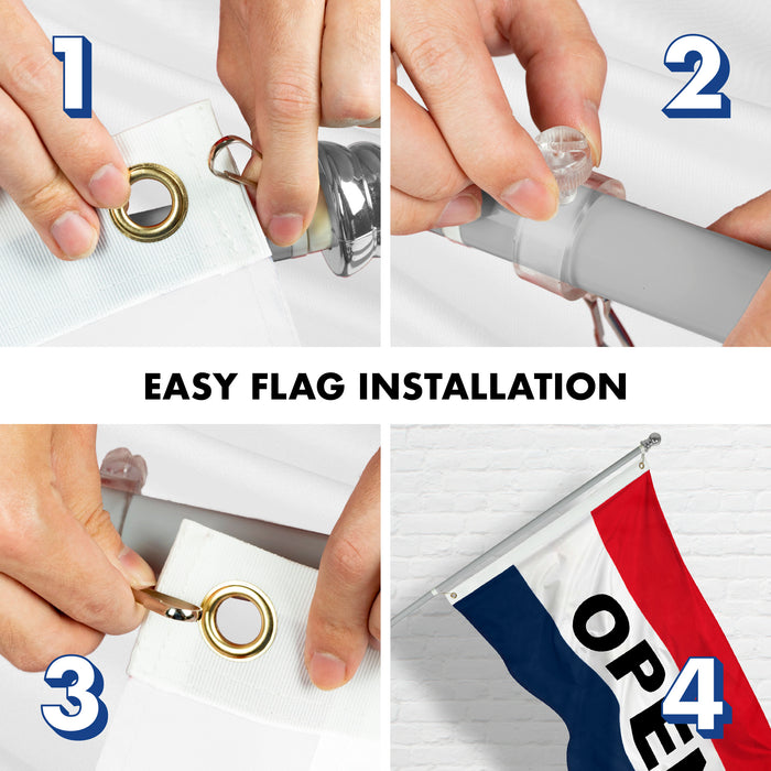 G128 Combo Pack: 6 Feet Tangle Free Spinning Flagpole (Silver) Open Flag 3x5 ft Printed 150D Brass Grommets (Flag Included) Aluminum Flag Pole