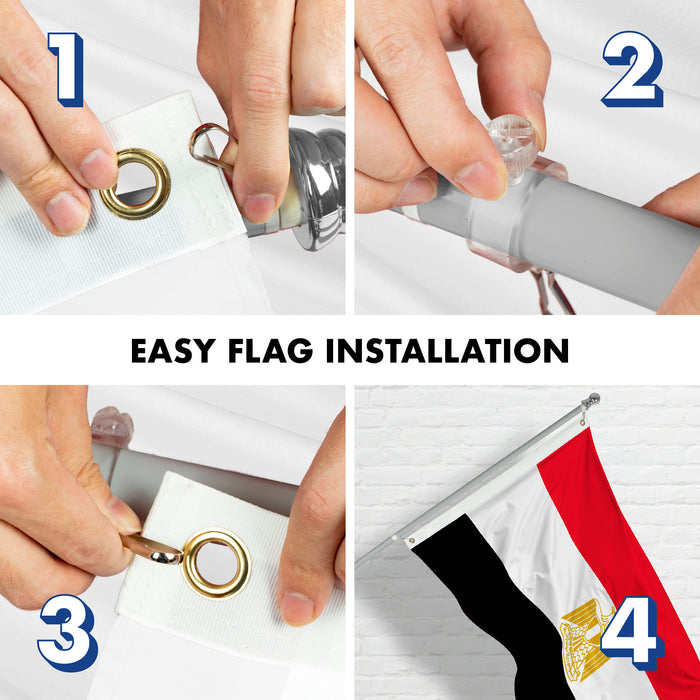 G128 Combo Pack: 6 Feet Tangle Free Spinning Flagpole (Silver) Egypt Egyptian Flag 3x5 ft Printed 150D Brass Grommets (Flag Included) Aluminum Flag Pole