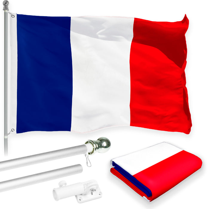 G128 Combo Pack: 6 Feet Tangle Free Spinning Flagpole (Silver) France French Flag 3x5 ft Printed 150D Brass Grommets (Flag Included) Aluminum Flag Pole