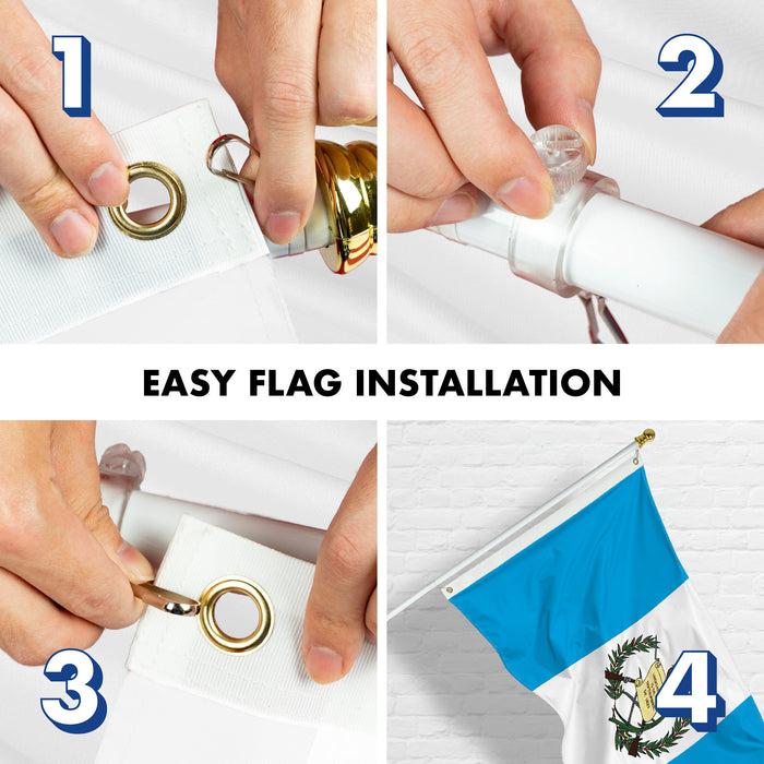 G128 Combo Pack: 6 Feet Tangle Free Spinning Flagpole (White) Guatemala Guatemalan Flag 3x5 ft Printed 150D Brass Grommets (Flag Included) Aluminum Flag Pole