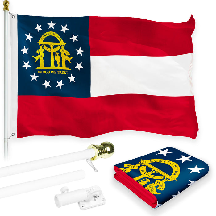 G128 Combo Pack: 6 Feet Tangle Free Spinning Flagpole (White) Georgia GA State Flag 3x5 ft Printed 150D Brass Grommets (Flag Included) Aluminum Flag Pole