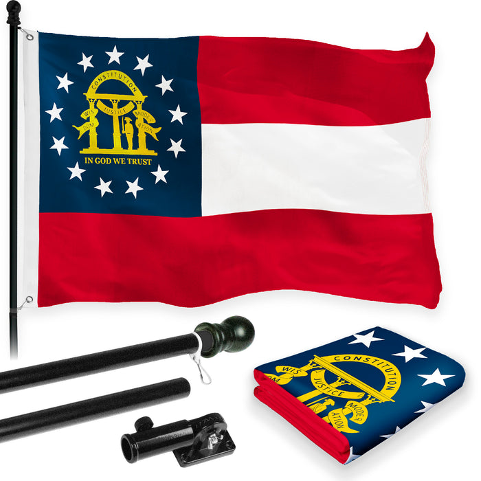 G128 Combo Pack: 6 Feet Tangle Free Spinning Flagpole (Black) Georgia GA State Flag 3x5 ft Printed 150D Brass Grommets (Flag Included) Aluminum Flag Pole