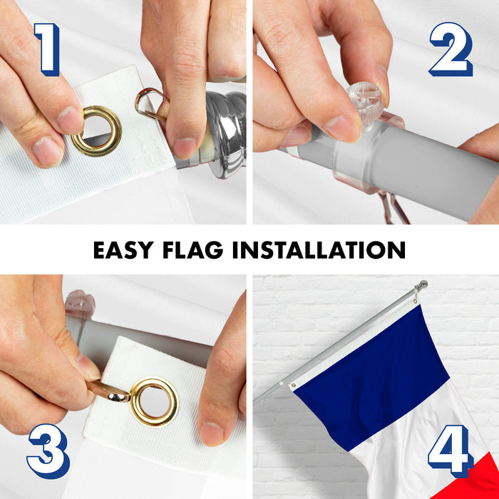 G128 Combo Pack: 6 Feet Tangle Free Spinning Flagpole (Silver) France French Flag 3x5 ft Printed 150D Brass Grommets (Flag Included) Aluminum Flag Pole