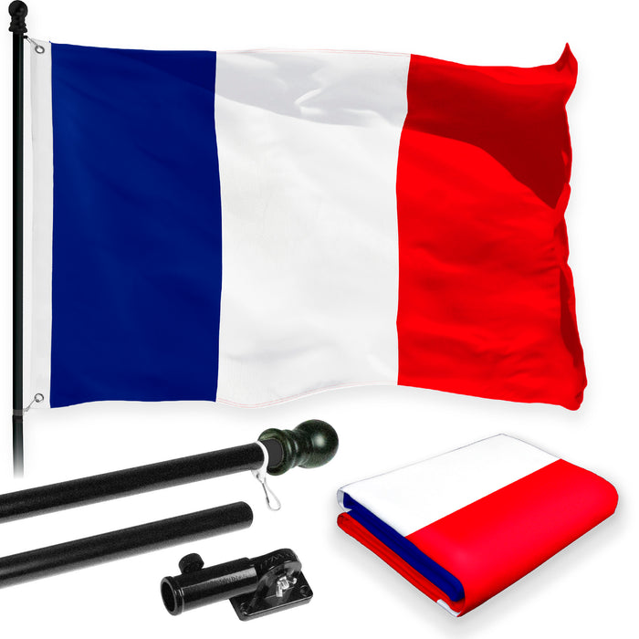 G128 Combo Pack: 6 Feet Tangle Free Spinning Flagpole (Black) France French Flag 3x5 ft Printed 150D Brass Grommets (Flag Included) Aluminum Flag Pole