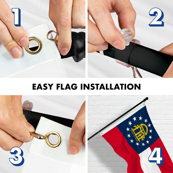 G128 Combo Pack: 6 Feet Tangle Free Spinning Flagpole (Black) Georgia GA State Flag 3x5 ft Printed 150D Brass Grommets (Flag Included) Aluminum Flag Pole