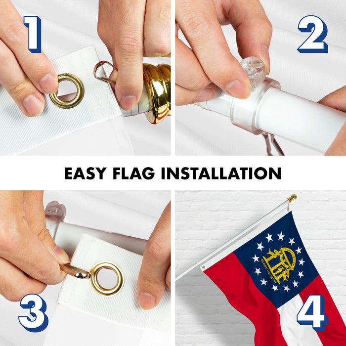 G128 Combo Pack: 6 Feet Tangle Free Spinning Flagpole (White) Georgia GA State Flag 3x5 ft Printed 150D Brass Grommets (Flag Included) Aluminum Flag Pole