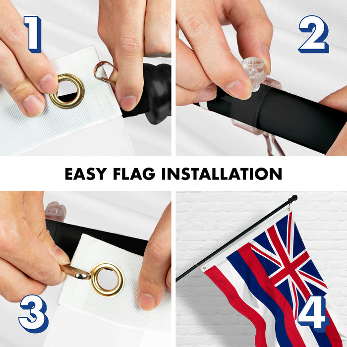 G128 Combo Pack: 6 Feet Tangle Free Spinning Flagpole (Black) Hawaii HI State Flag 3x5 ft Printed 150D Brass Grommets (Flag Included) Aluminum Flag Pole