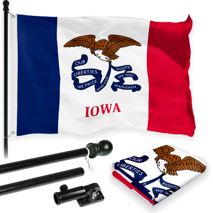 G128 Combo Pack: 6 Feet Tangle Free Spinning Flagpole (Black) Iowa IA State Flag 3x5 ft Printed 150D Brass Grommets (Flag Included) Aluminum Flag Pole