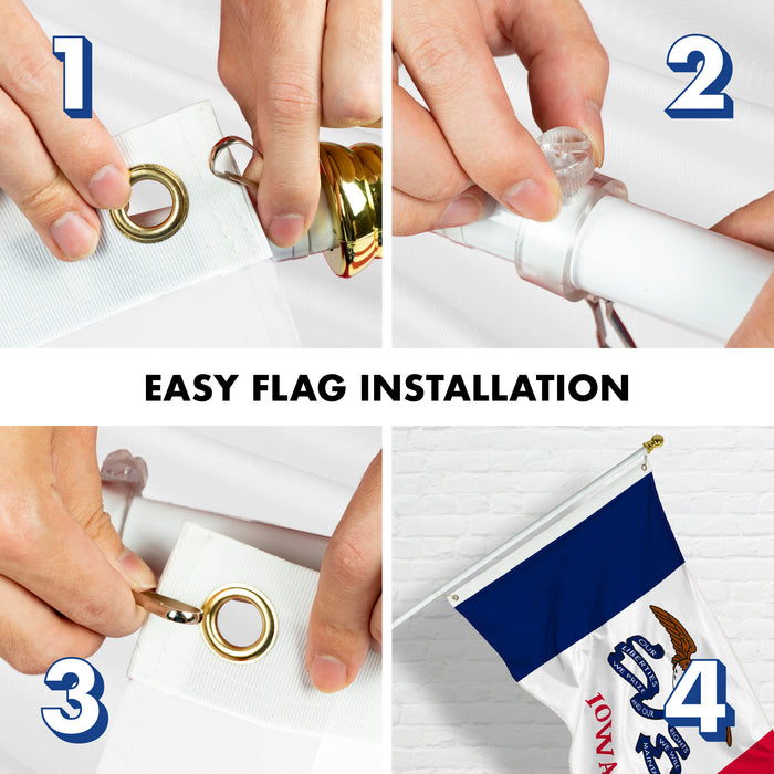 G128 Combo Pack: 6 Feet Tangle Free Spinning Flagpole (White) Iowa IA State Flag 3x5 ft Printed 150D Brass Grommets (Flag Included) Aluminum Flag Pole