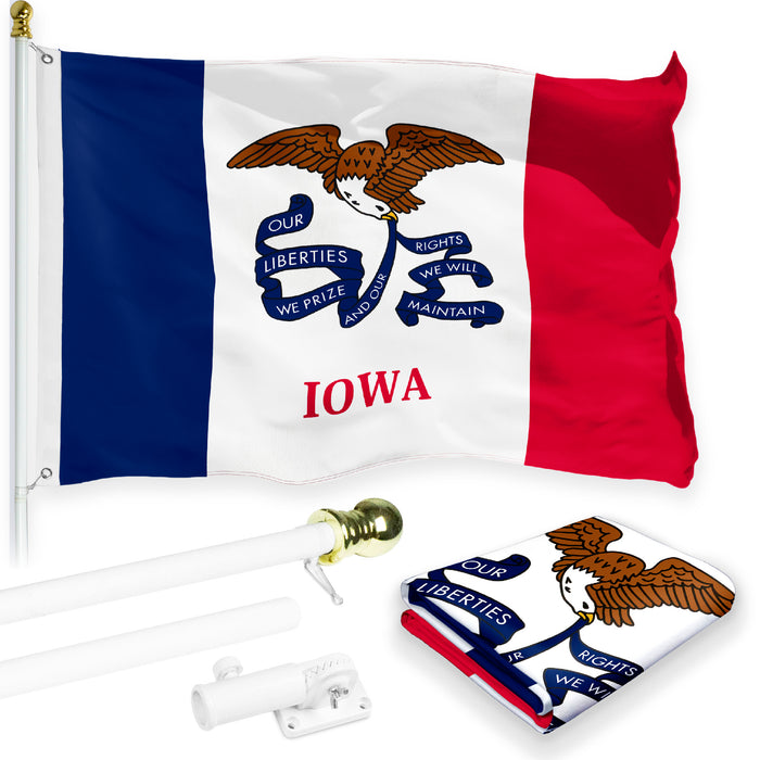G128 Combo Pack: 6 Feet Tangle Free Spinning Flagpole (White) Iowa IA State Flag 3x5 ft Printed 150D Brass Grommets (Flag Included) Aluminum Flag Pole