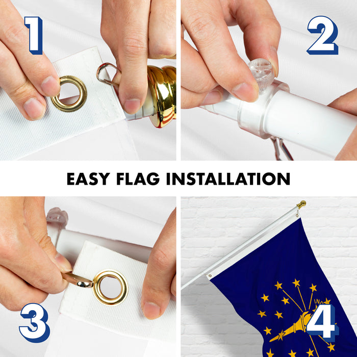 G128 Combo Pack: 6 Feet Tangle Free Spinning Flagpole (White) Indiana IN State Flag 3x5 ft Printed 150D Brass Grommets (Flag Included) Aluminum Flag Pole