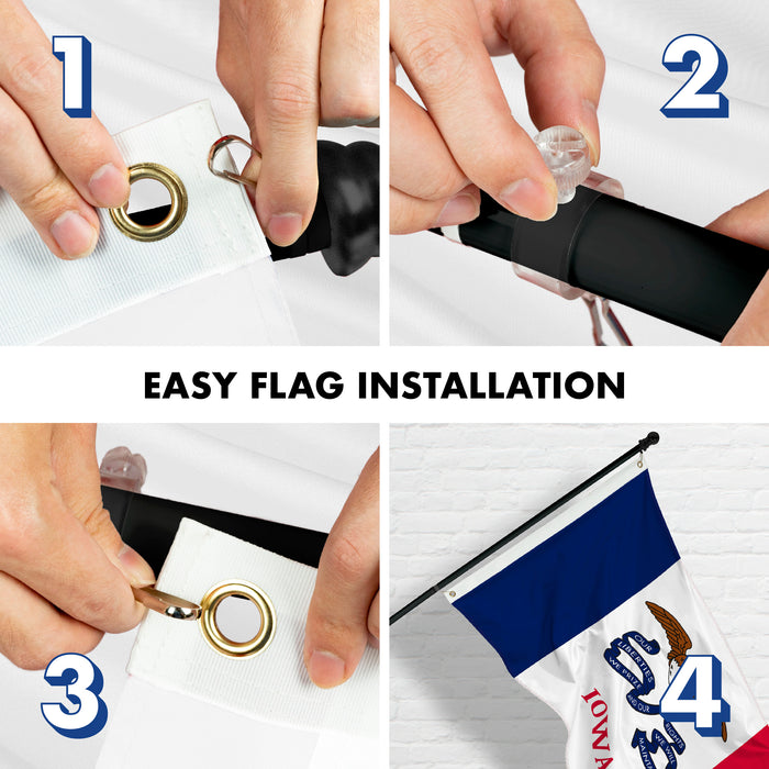 G128 Combo Pack: 6 Feet Tangle Free Spinning Flagpole (Black) Iowa IA State Flag 3x5 ft Printed 150D Brass Grommets (Flag Included) Aluminum Flag Pole