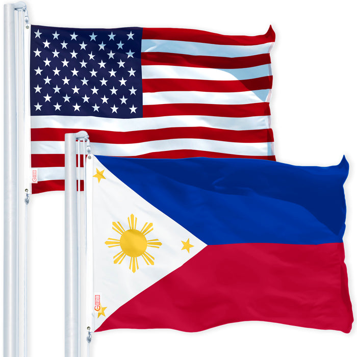 G128 Combo Pack: USA American Flag 3x5 Ft 150D Printed Stars & Philippines Flag 3x5 Ft 150D Printed