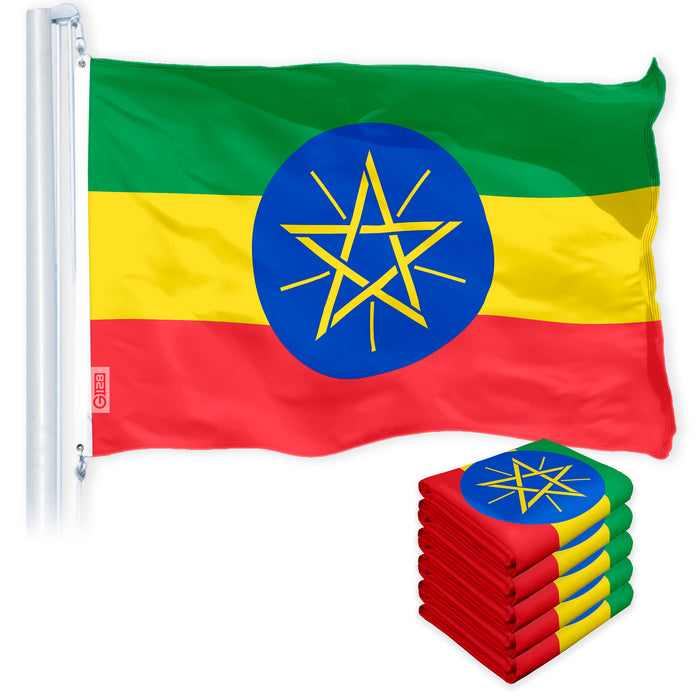 G128 5 Pack: Ethiopia (Ethiopian) Flag | 3x5 feet | Printed 150D Indoor/Outdoor, Vibrant Colors, Brass Grommets, Quality Polyester, Much Thicker More Durable Than 100D 75D Polyester