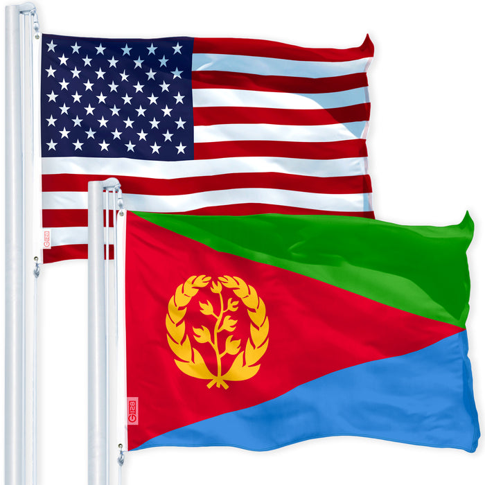 G128 Combo Pack: USA American Flag 3x5 Ft 150D Printed Stars & Eritrea Flag 3x5 Ft 150D Printed